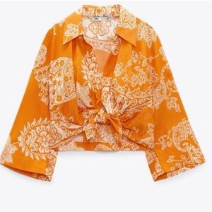 Zara Orange Paisley Knotted Crop Top Size XS